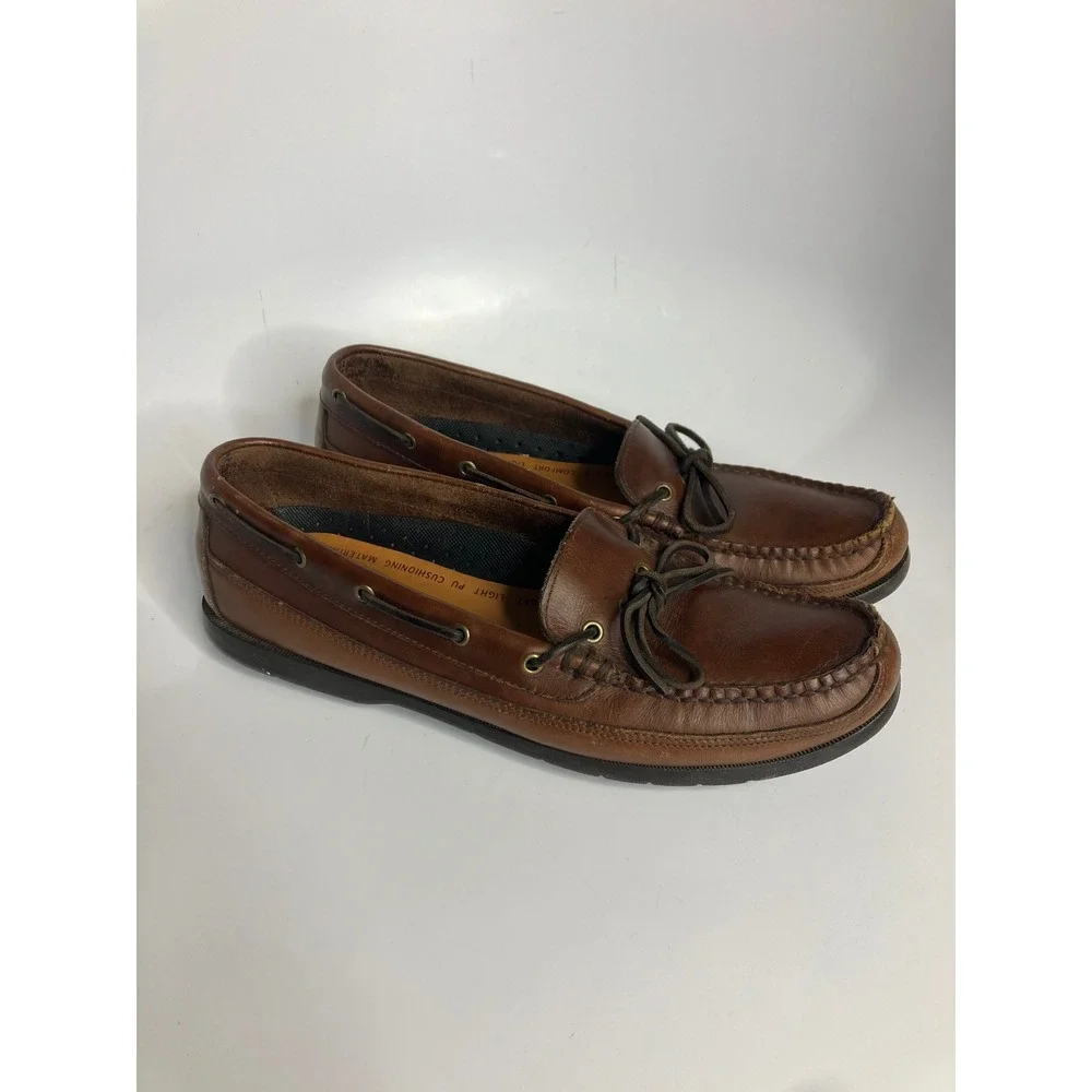 ECCO Boat Shoes Mens 44 Brown Good Leather Loafers Moc Toe Casual Slip On